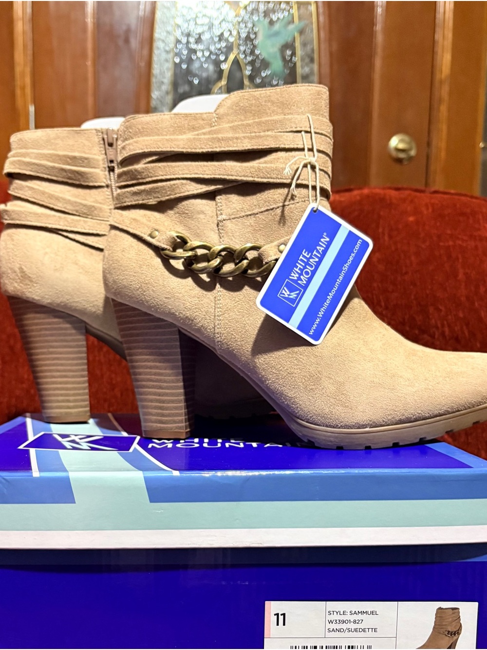 White Mountain Sand Suedeette Ankle Boots with Chain Detail
